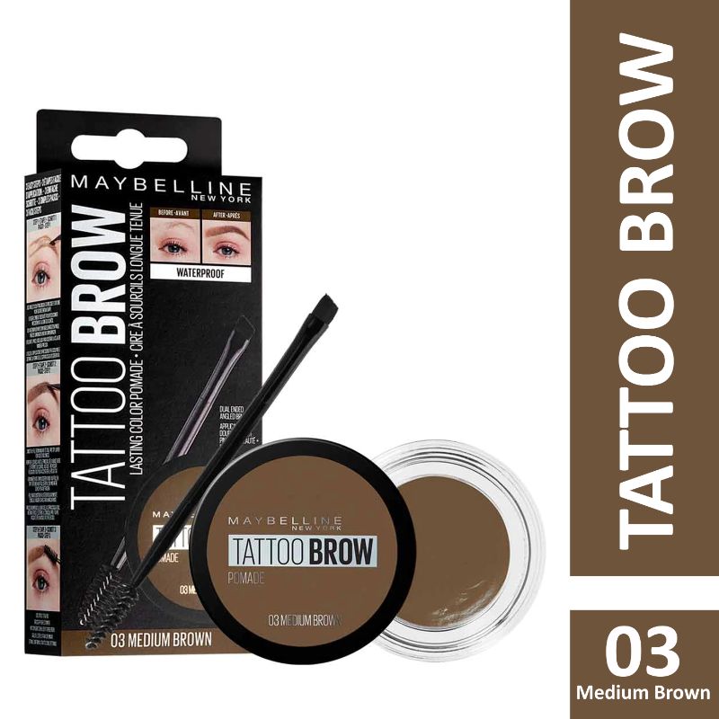 Pomadë për vetulla Maybelline Tattoo Brow Pomade i papërshkueshëm nga uji, 03 kafe e mesme, 4g